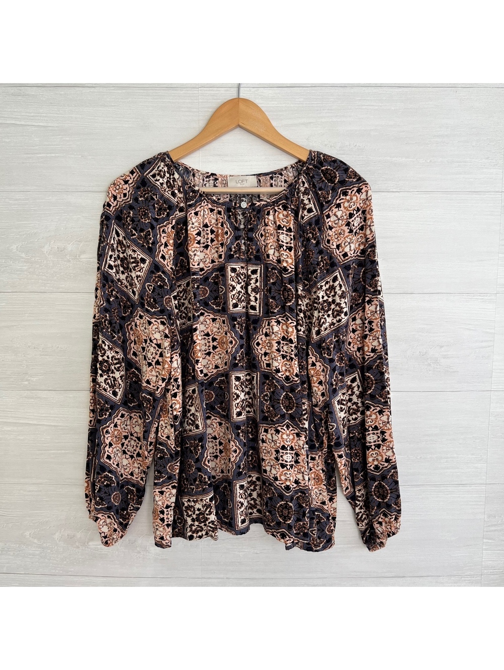 LOFT Outlet Navy Peach Medallion Print Rayon Peasant Blouse Top XL
